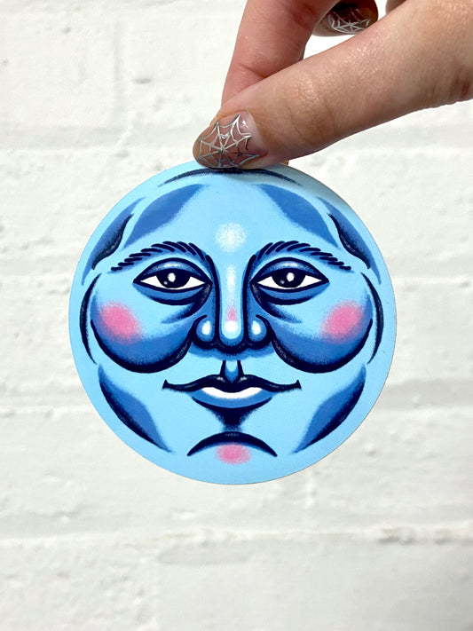 Moon Face Vinyl Sticker Blue
